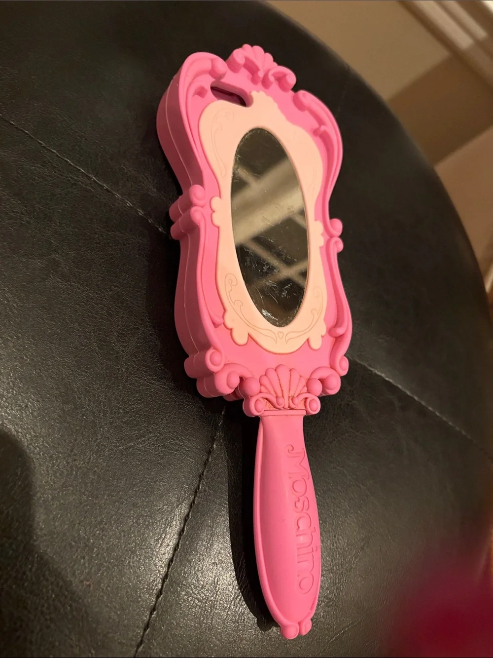 Moschino Barbie-themed pink silicone handheld mirror logo iPhone case